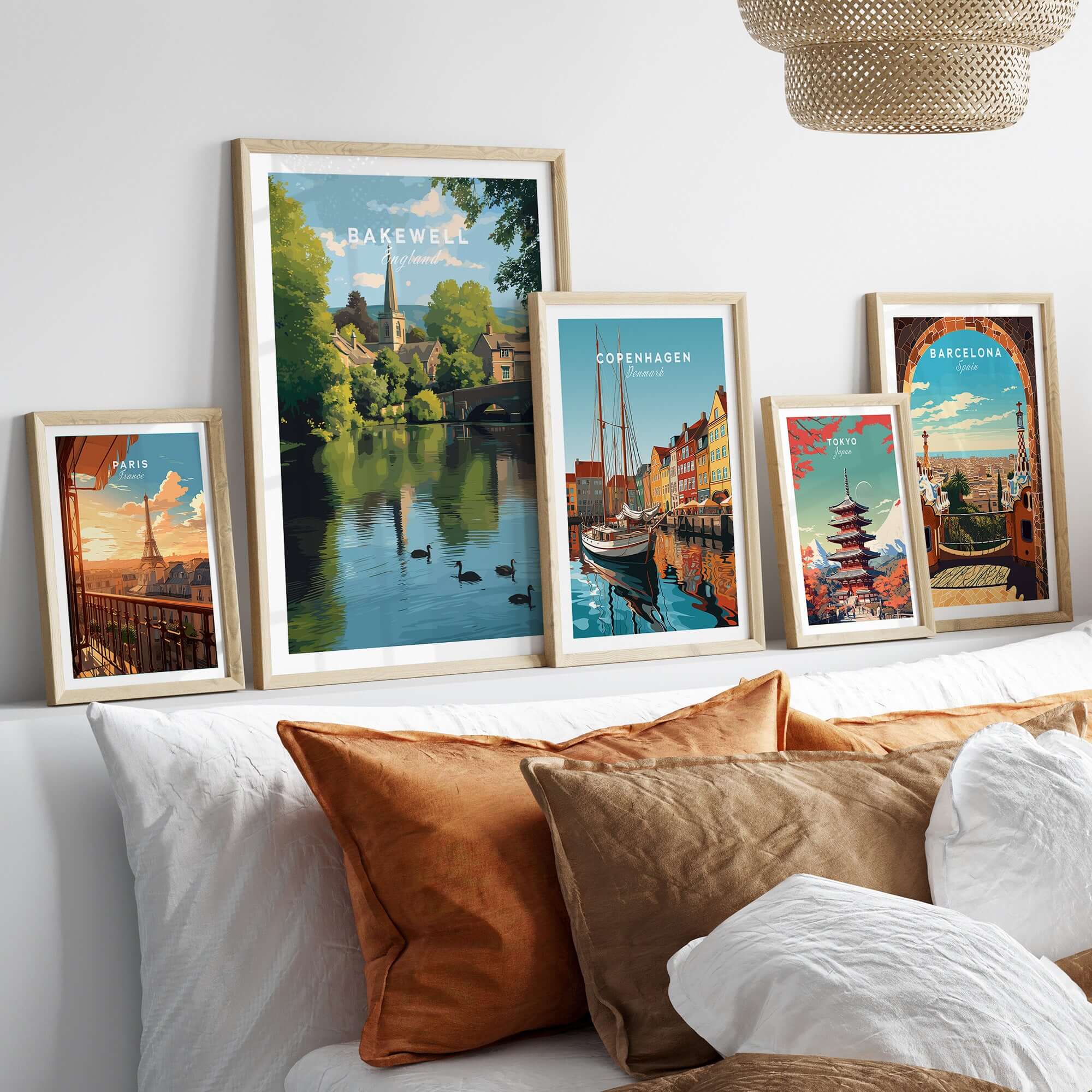 Bakewell Wall Art - River Wye Print - Charming English Village Decor displayed in stylish frames on a modern wall.