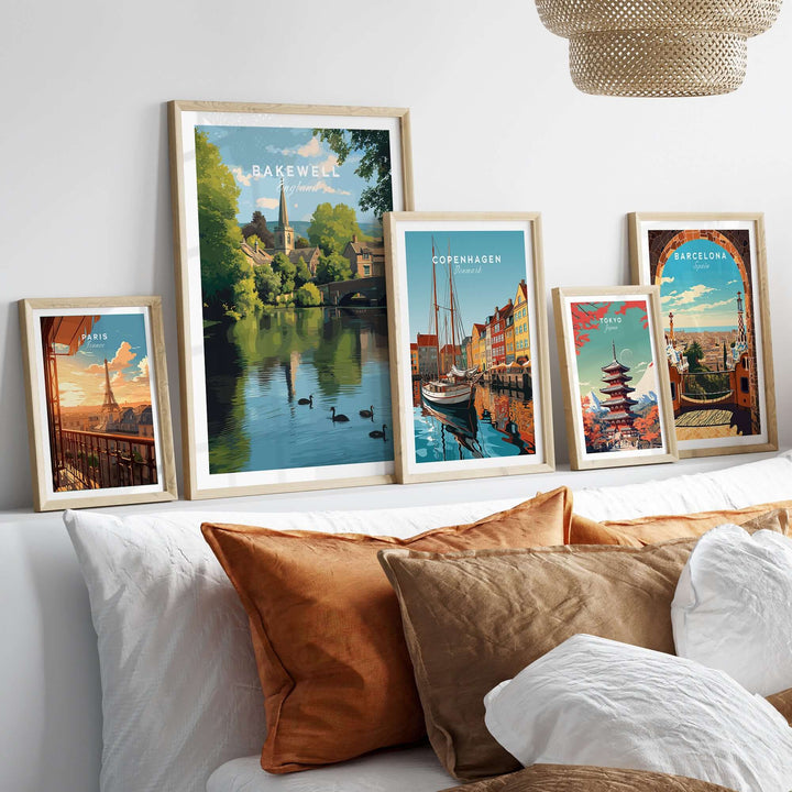 Bakewell wall art featuring River Wye print and other city prints in stylish frames, enhancing cozy home decor.