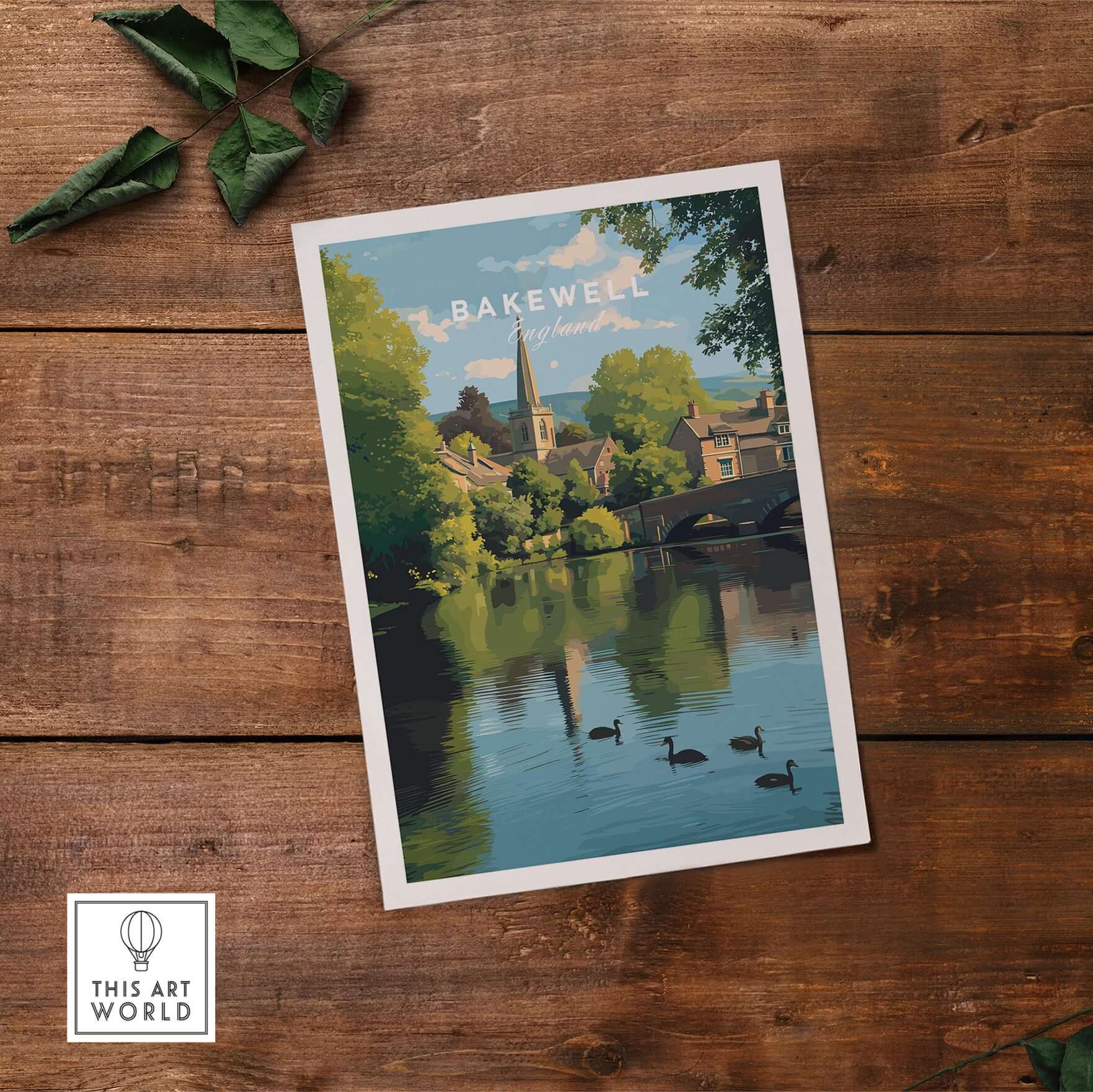 Bakewell Wall Art - River Wye Print - Charming English Village Decor on wooden background with greenery