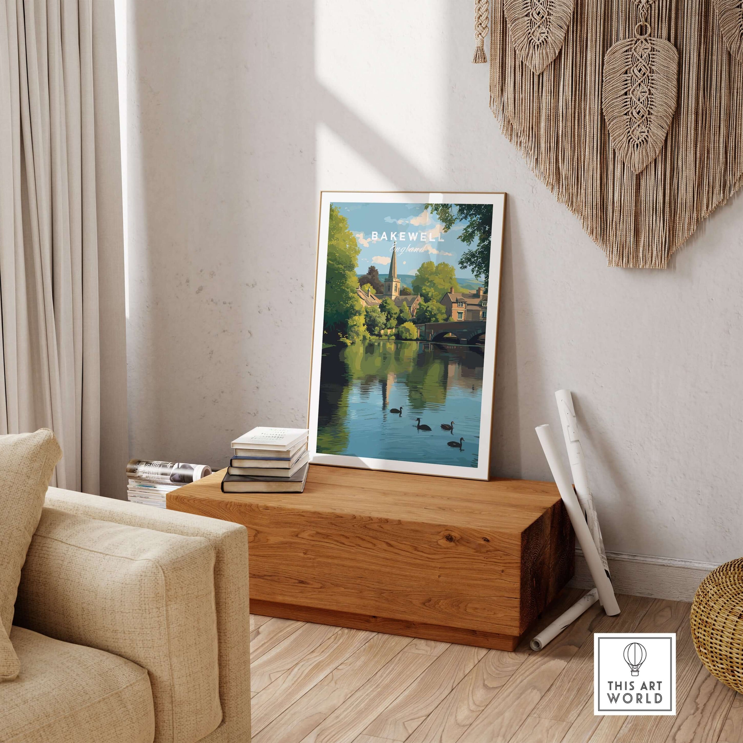 Bakewell Wall Art - River Wye Print - Charming English Village Decor in a cozy living room setting.