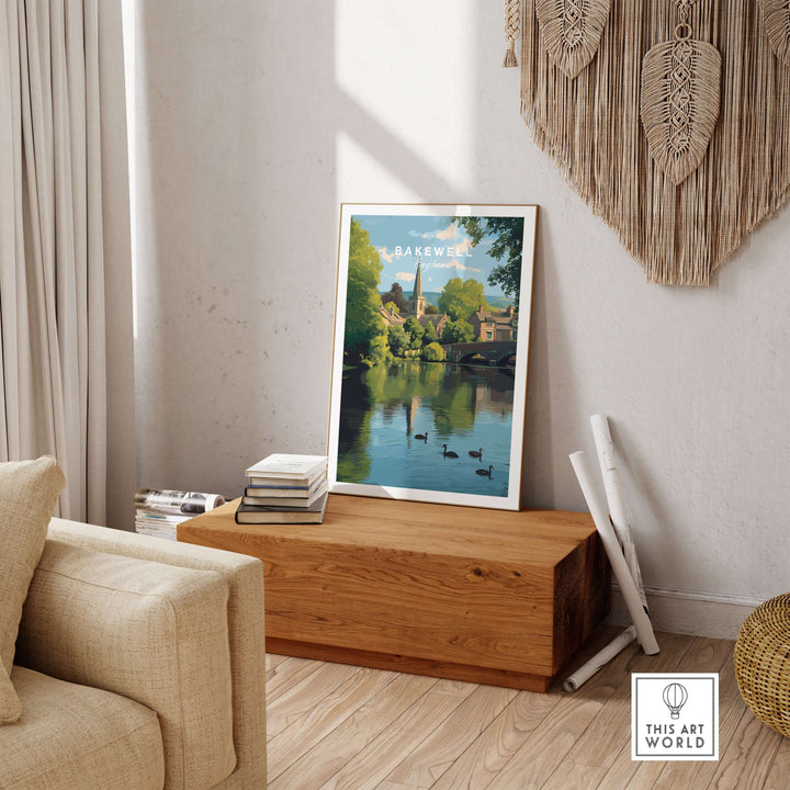 Bakewell Wall Art featuring the River Wye print in a cozy living room setting with natural decor.
