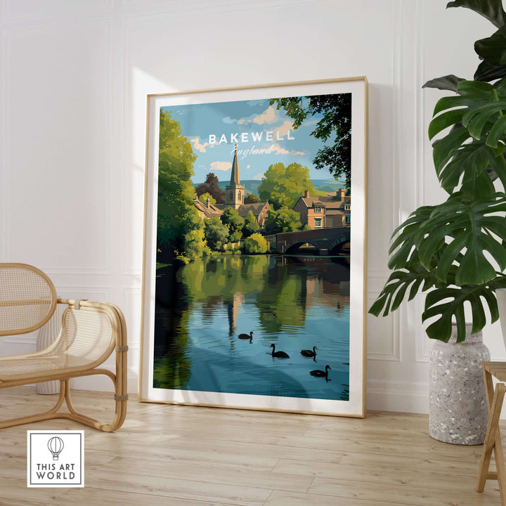 Bakewell Wall Art print showcasing River Wye, reflecting charming village scene and lush greenery.