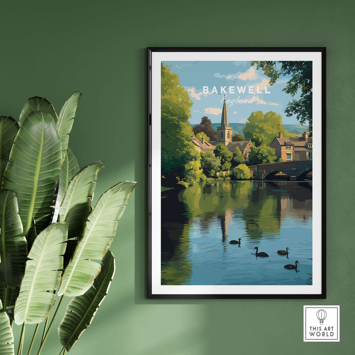 Bakewell wall art print showcasing the River Wye, peaceful village scene with lush greenery and calm waters.