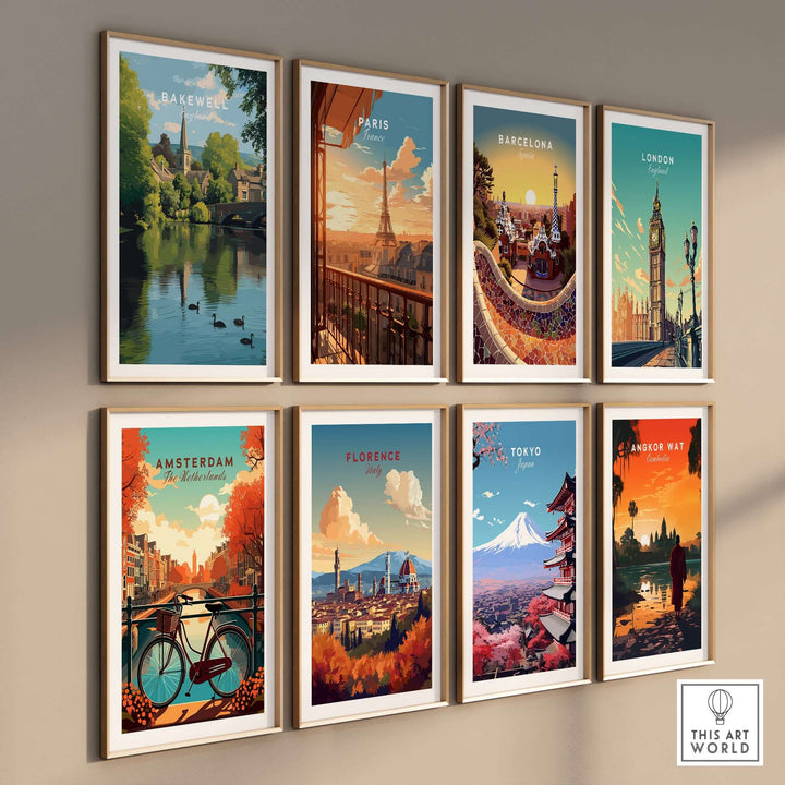 Gallery of city-themed wall art prints including Bakewell, Paris, Barcelona, London, Amsterdam, Florence, Tokyo, and Angkor Wat.
