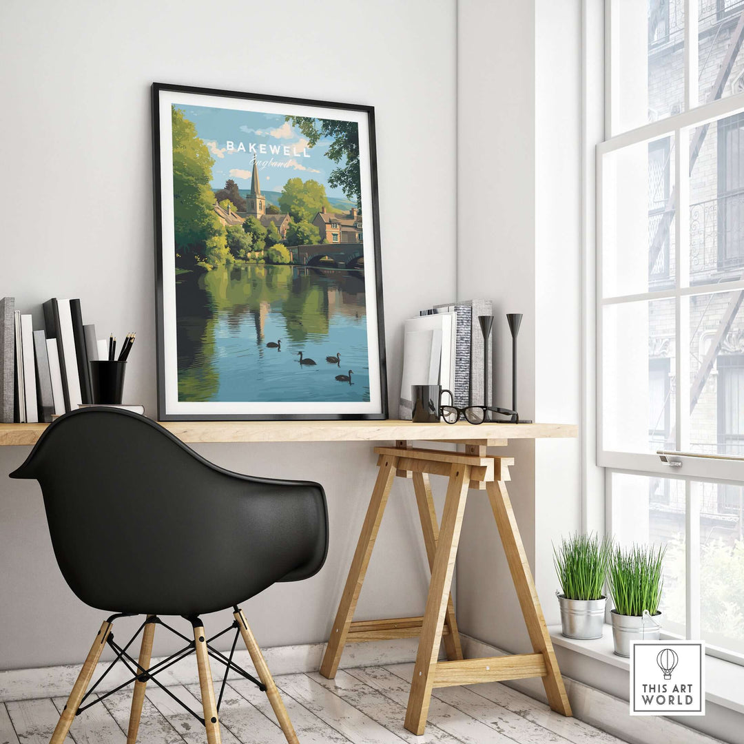 Bakewell wall art print featuring River Wye, displayed in a cozy home office with modern decor.