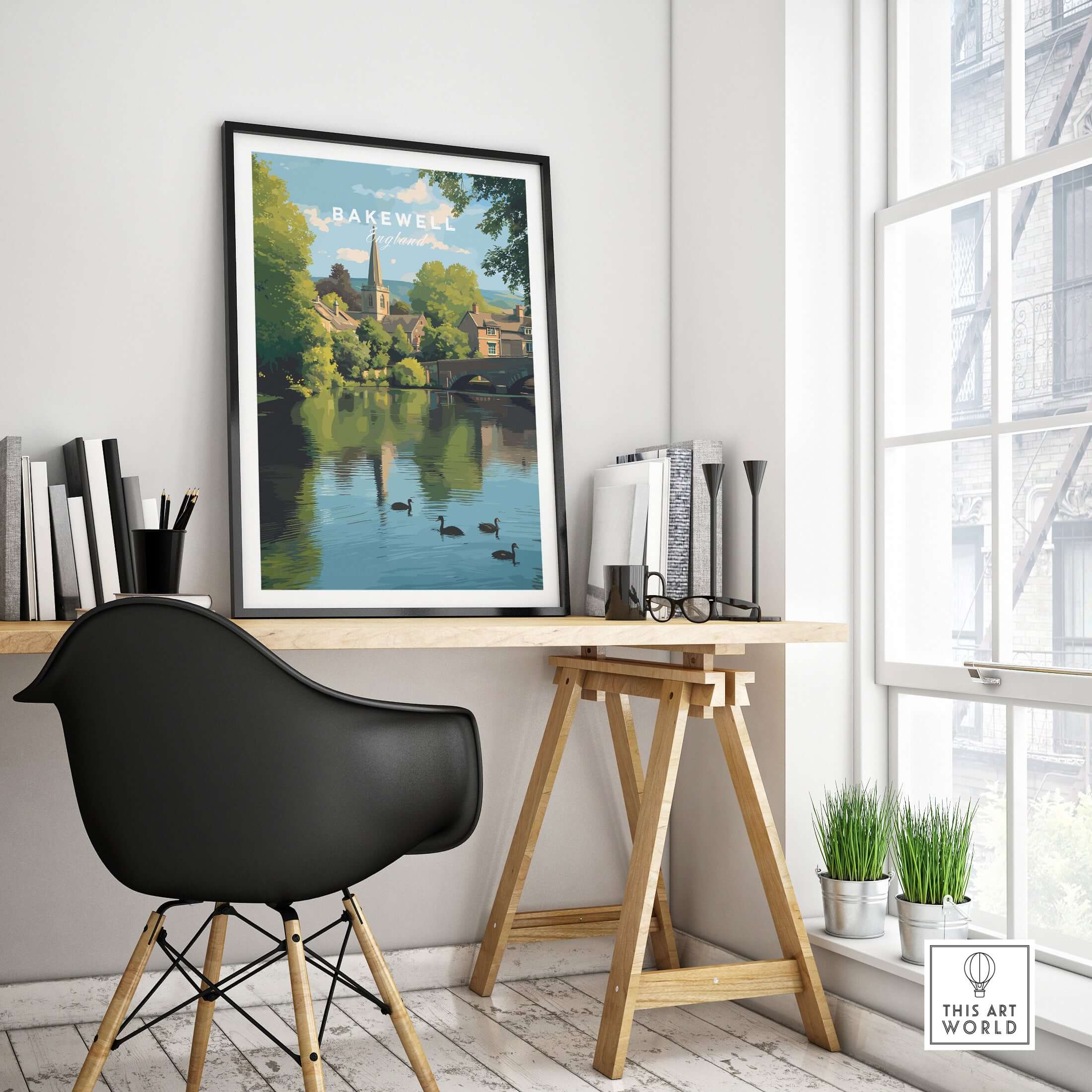 Bakewell Wall Art - River Wye Print - Charming English Village Decor in a stylish home office setting.
