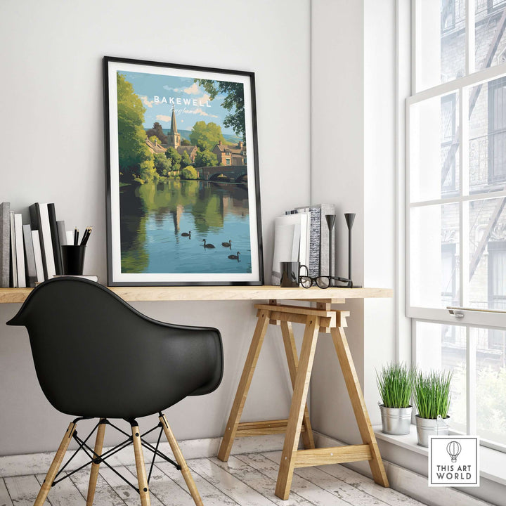 Bakewell wall art print featuring River Wye, displayed in a cozy home office with modern decor.