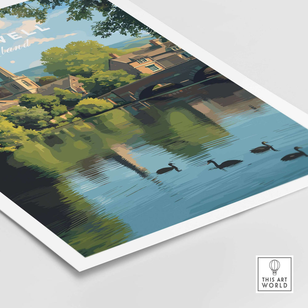 Charming Bakewell wall art print featuring River Wye, idyllic village scene, and peaceful waters.