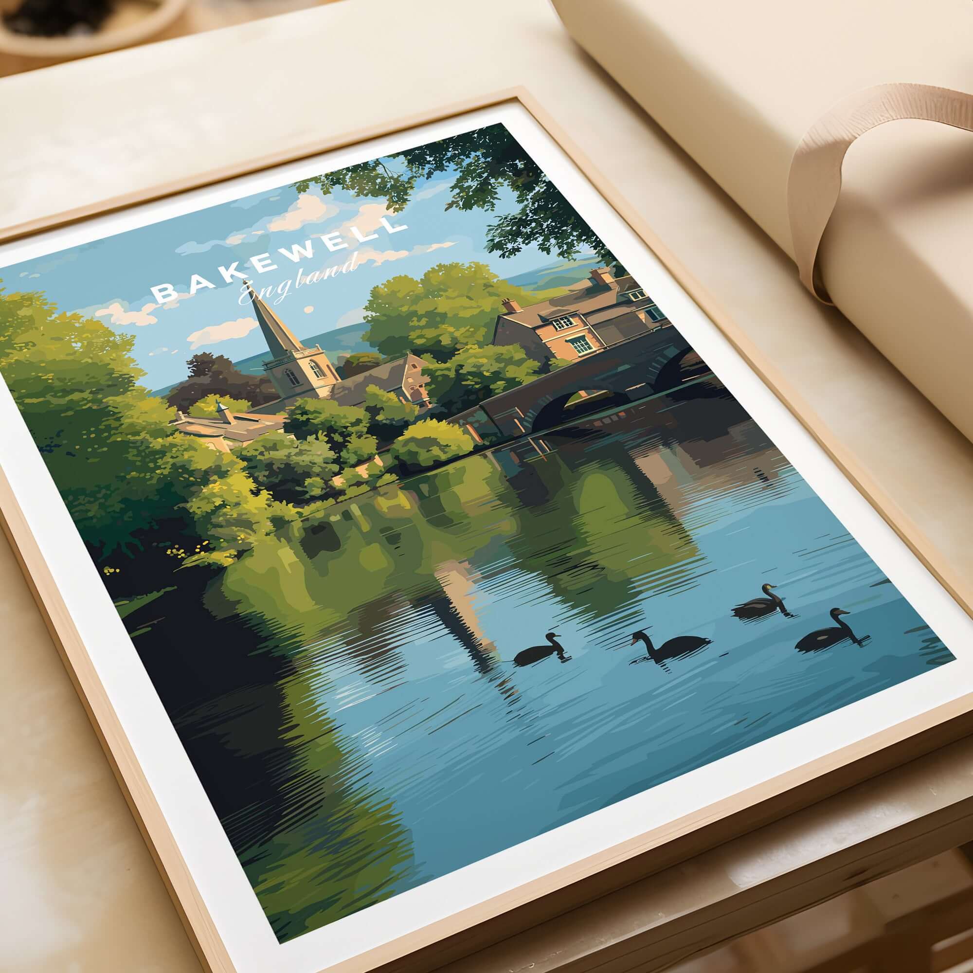 Bakewell Wall Art - River Wye Print - Charming English Village Decor featuring a serene river scene with ducks.