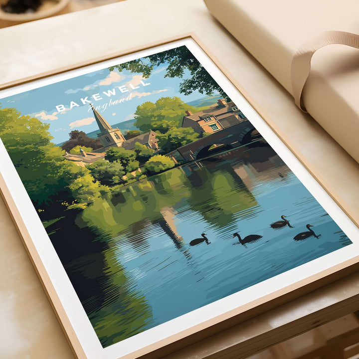 Bakewell wall art print featuring a serene River Wye scene with ducks and charming village houses.