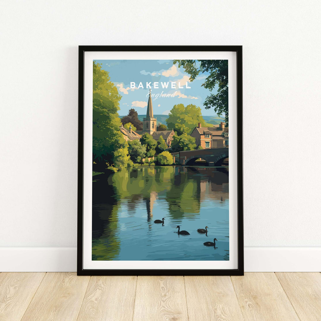 Bakewell wall art print featuring serene River Wye scene with swans and village charm - English village decor.
