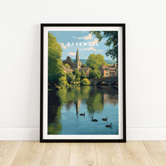 Bakewell Wall Art - River Wye Print - Charming English Village Decor showcasing a serene village landscape with a river.