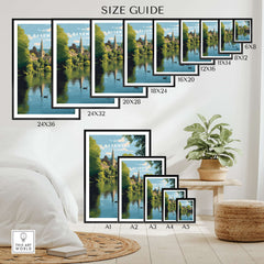 Bakewell Wall Art - River Wye Print - Charming English Village Decor size guide showcasing various frame sizes.
