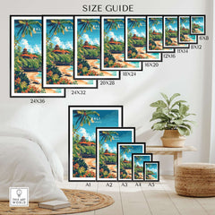 Bali Beach Print size guide featuring various frame sizes and dimensions for home decor.