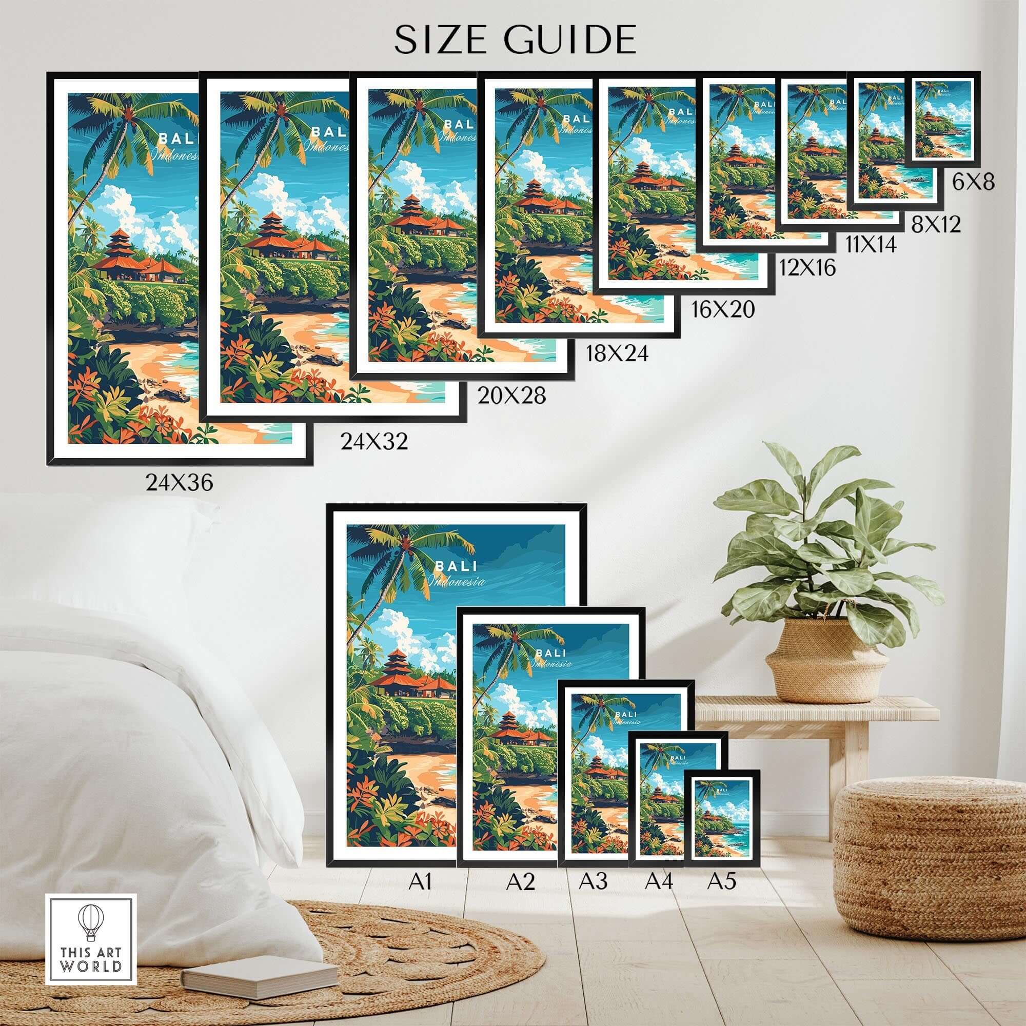 Bali Beach Print size guide featuring various frame sizes and dimensions for home decor.