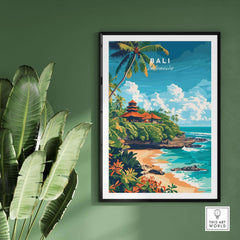 Bali Beach Print showcasing a vibrant illustration of Bali's coastline with lush greenery and beautiful skies.