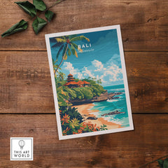 Bali Beach Print featuring vibrant illustration of Bali's beautiful coastline and lush greenery.