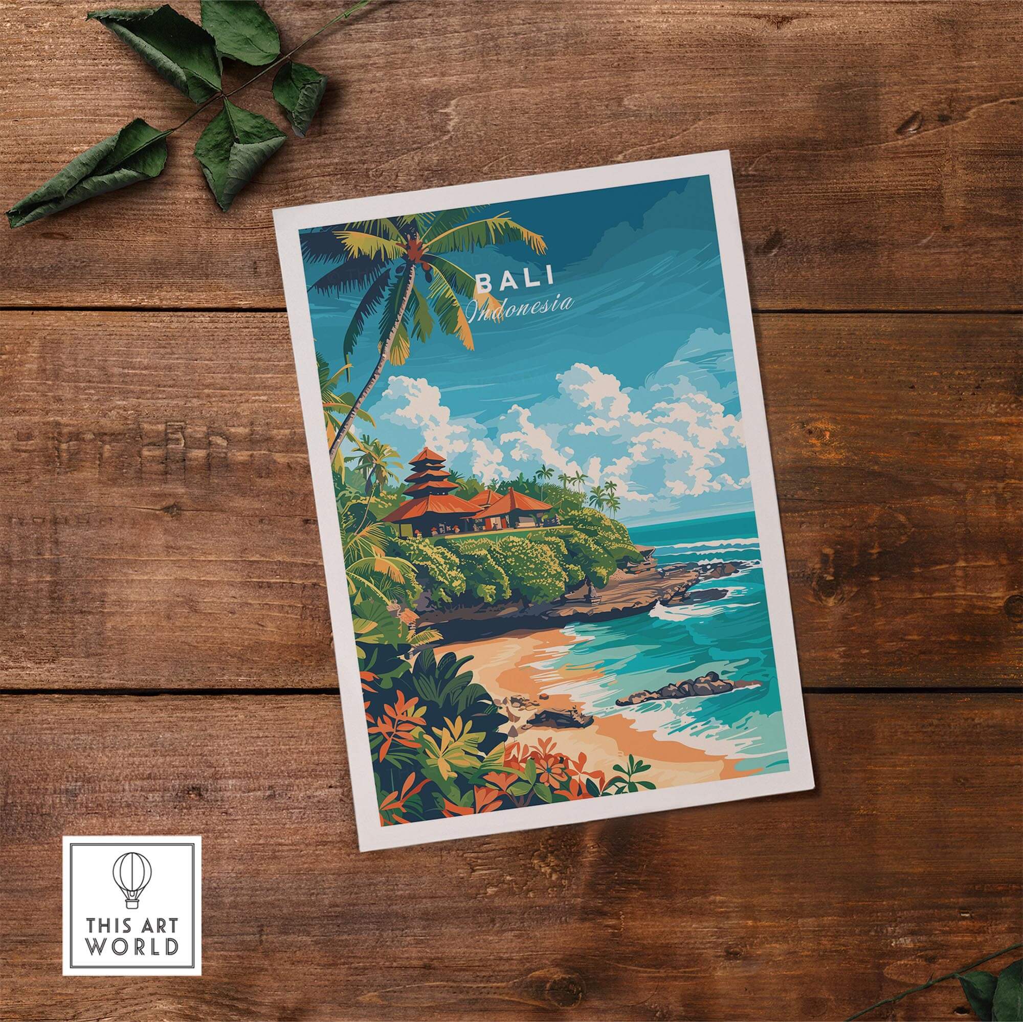Bali Beach Print featuring vibrant illustration of Bali's beautiful coastline and lush greenery.