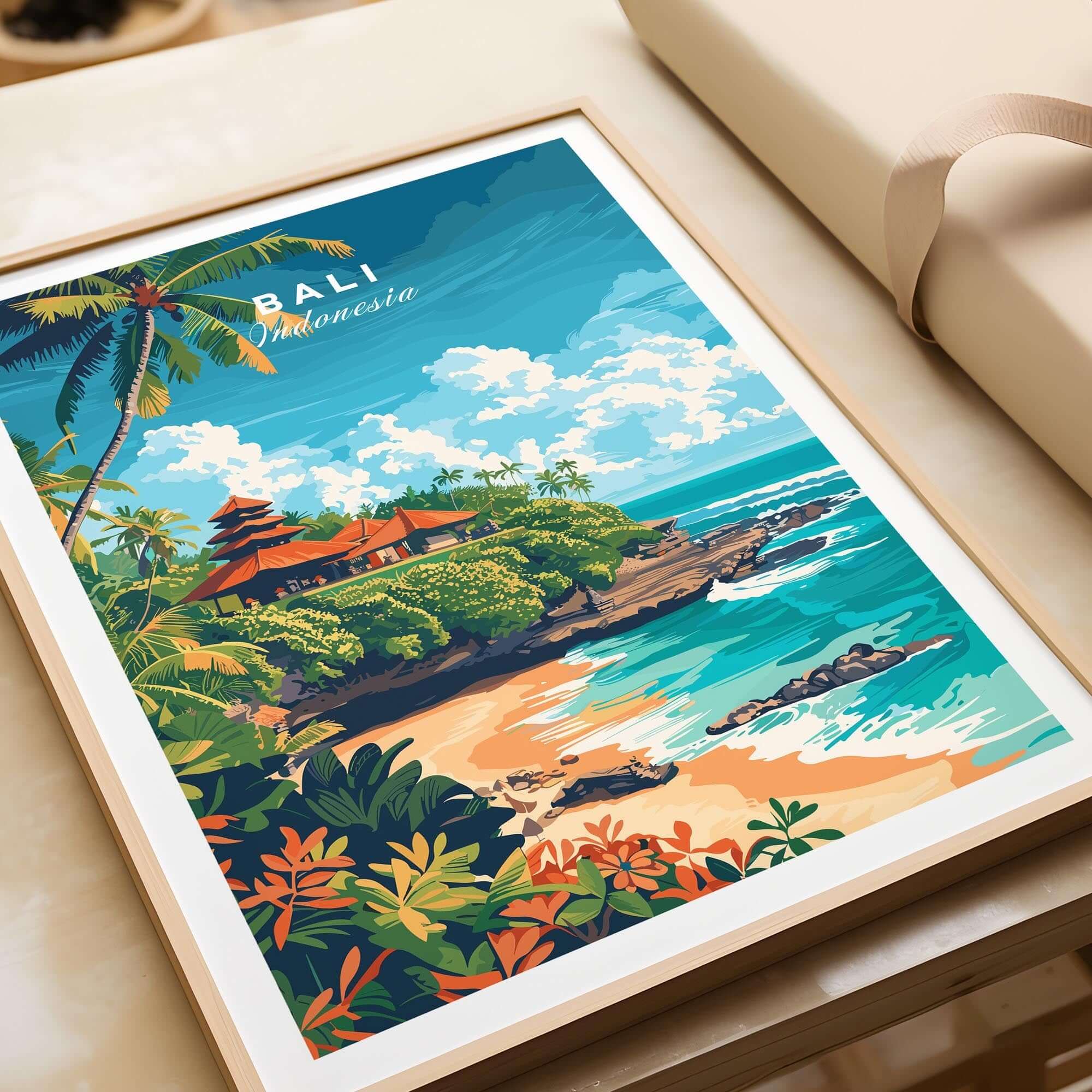 Bali Beach Print showcasing a vibrant Indonesian landscape with palm trees and serene beaches.