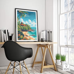 Bali Beach Print featuring tropical scenery on a stylish home office wall.