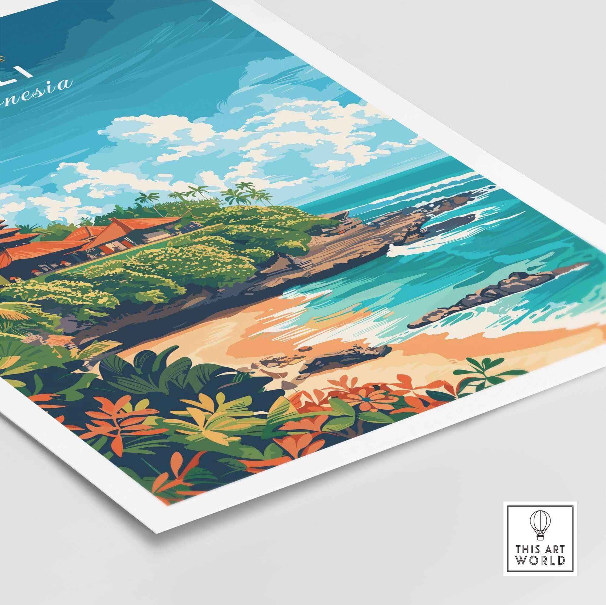 Bali Beach Print showcasing stunning Indonesian beach scenery with vibrant colors and lush greenery.