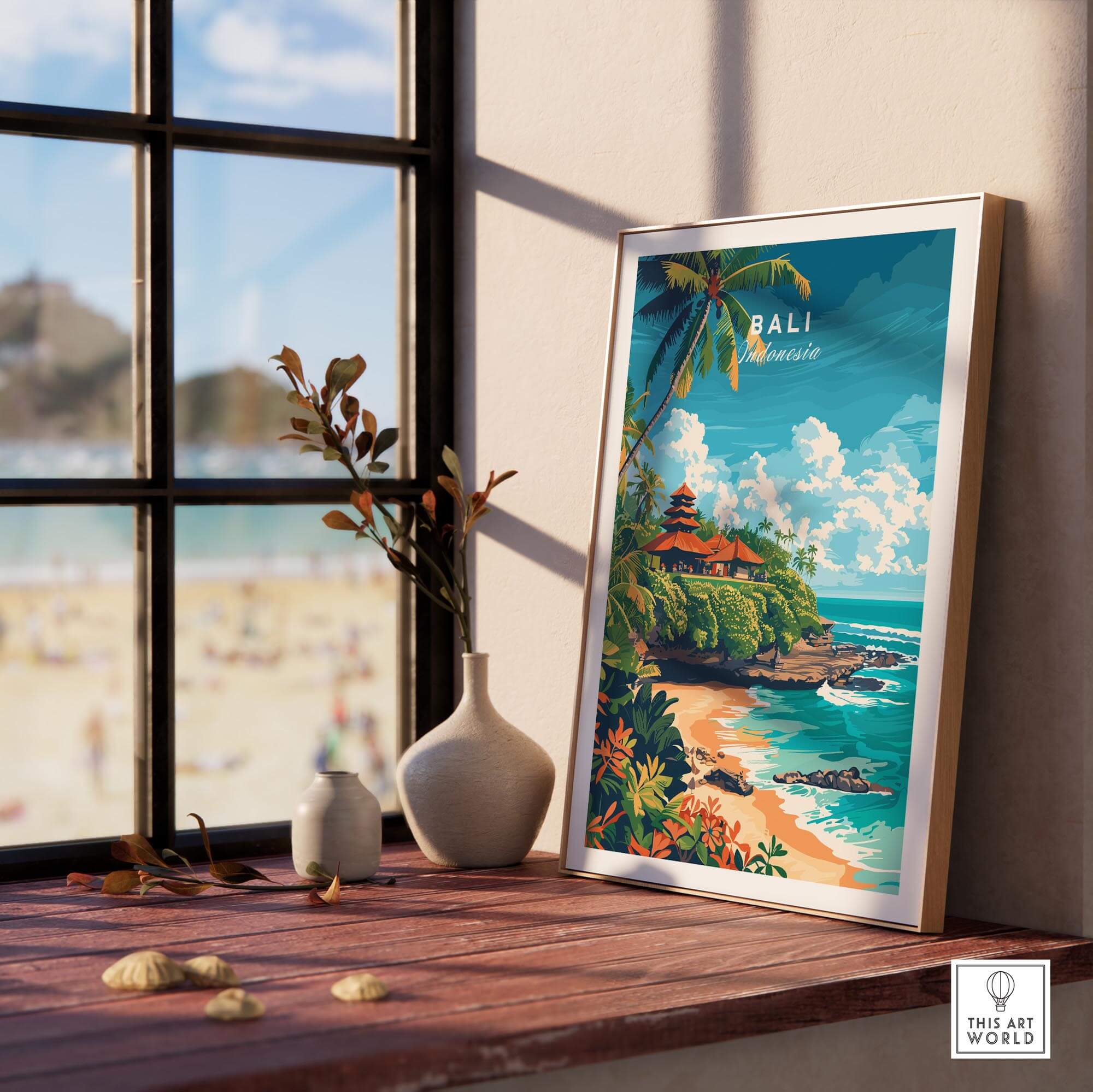 Bali Beach Print showcasing a stunning Indonesian beach scene with vibrant colors and tropical elements.
