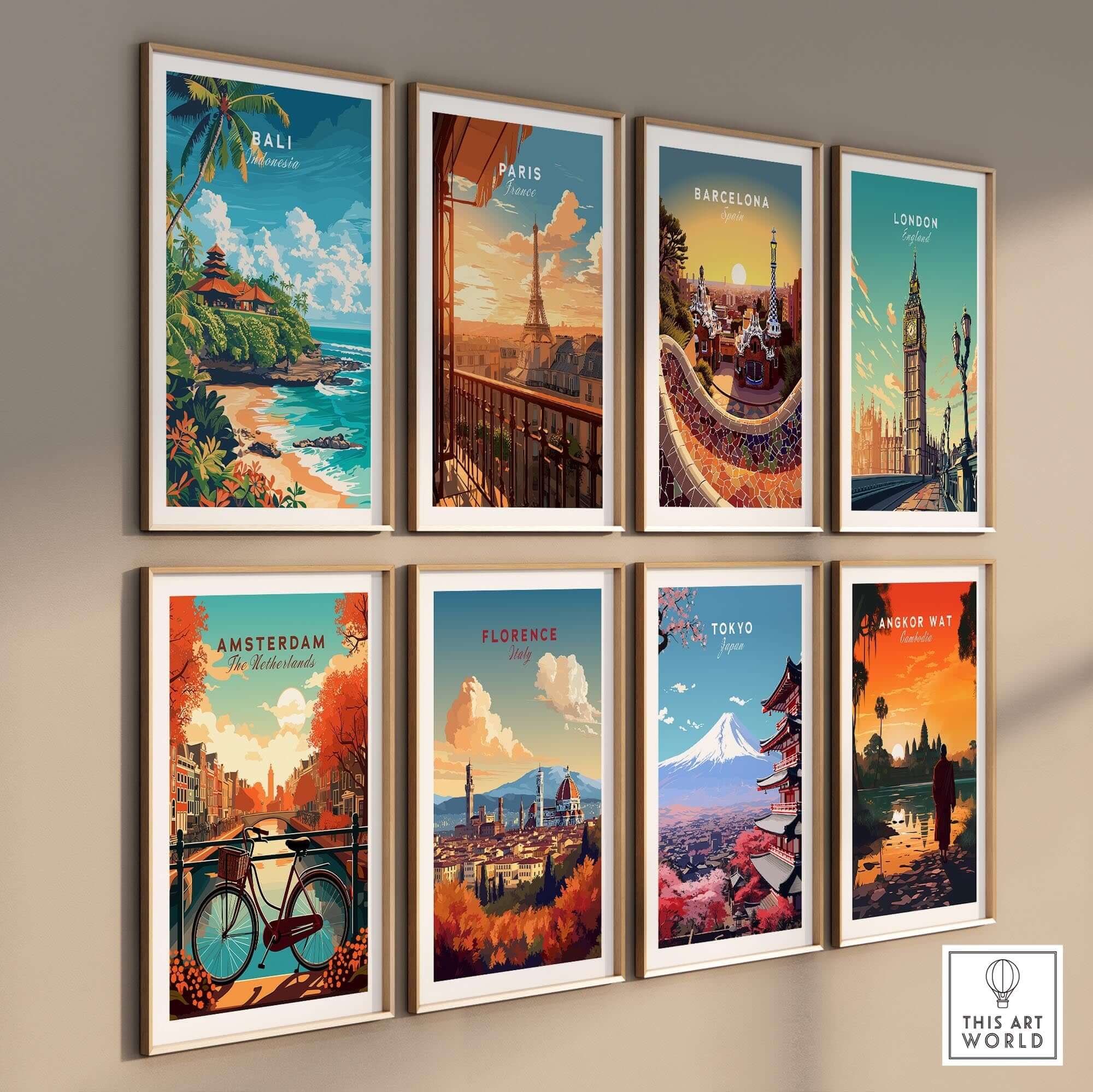 Bali Beach Print travel poster among other city posters showcasing global landmarks and vibrant colors.