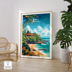Bali Beach Print in a modern living room, showcasing lush greenery and breathtaking ocean scenery.