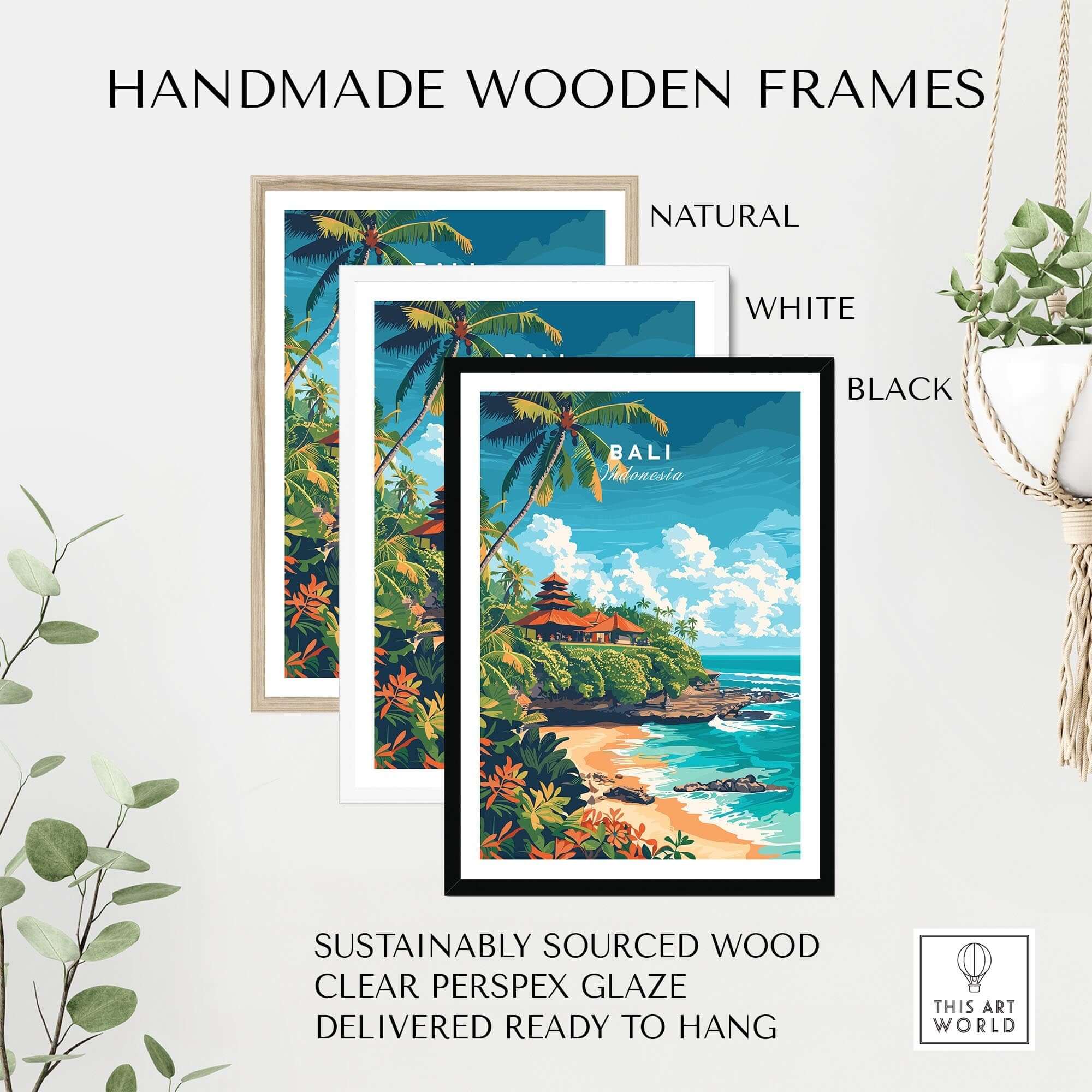 Bali Beach Print framed in handmade wooden frames with natural, white, and black options, ready to hang.