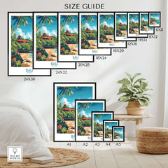 Bali Beach Print - Modern size guide showcasing different frame sizes for Bali art prints in a stylish interior setting.
