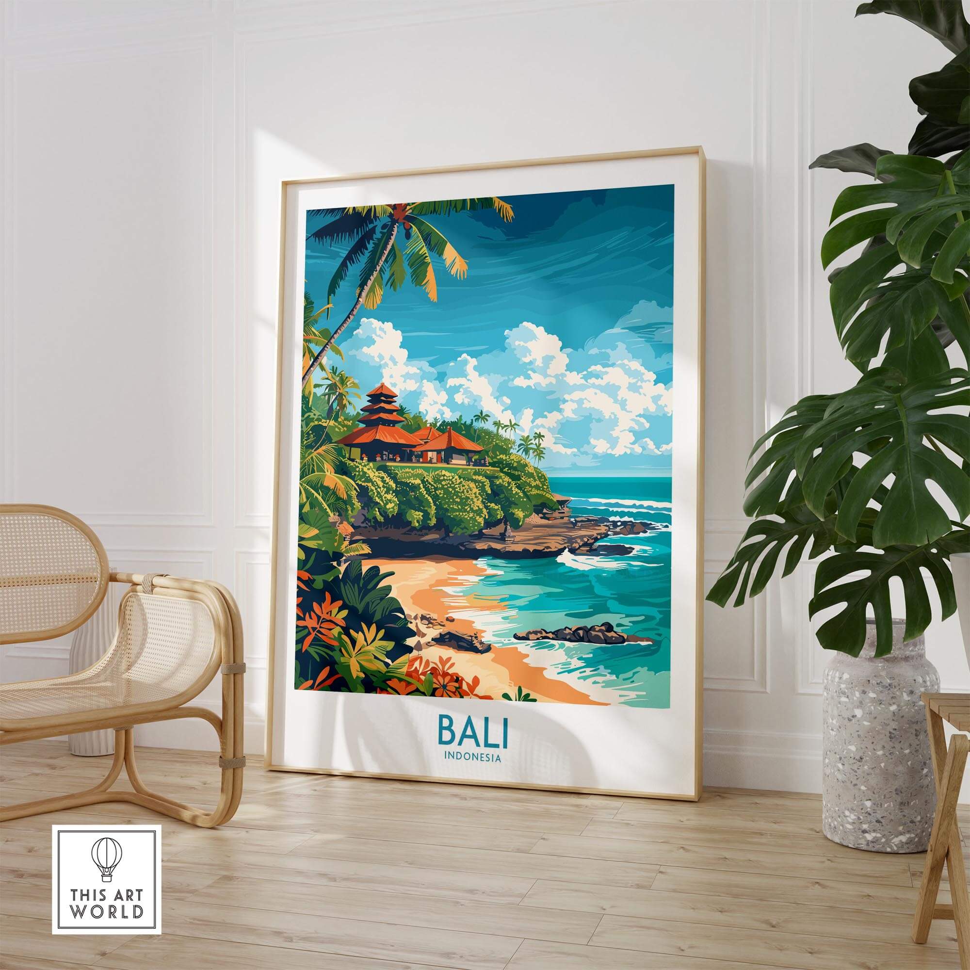 Bali Beach Print - Modern showcasing a vibrant beach scene with a Balinese temple in a stylish interior setting.