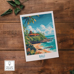 Bali Beach Print - Modern showcasing a tropical paradise with a Balinese temple and vibrant beach scene.