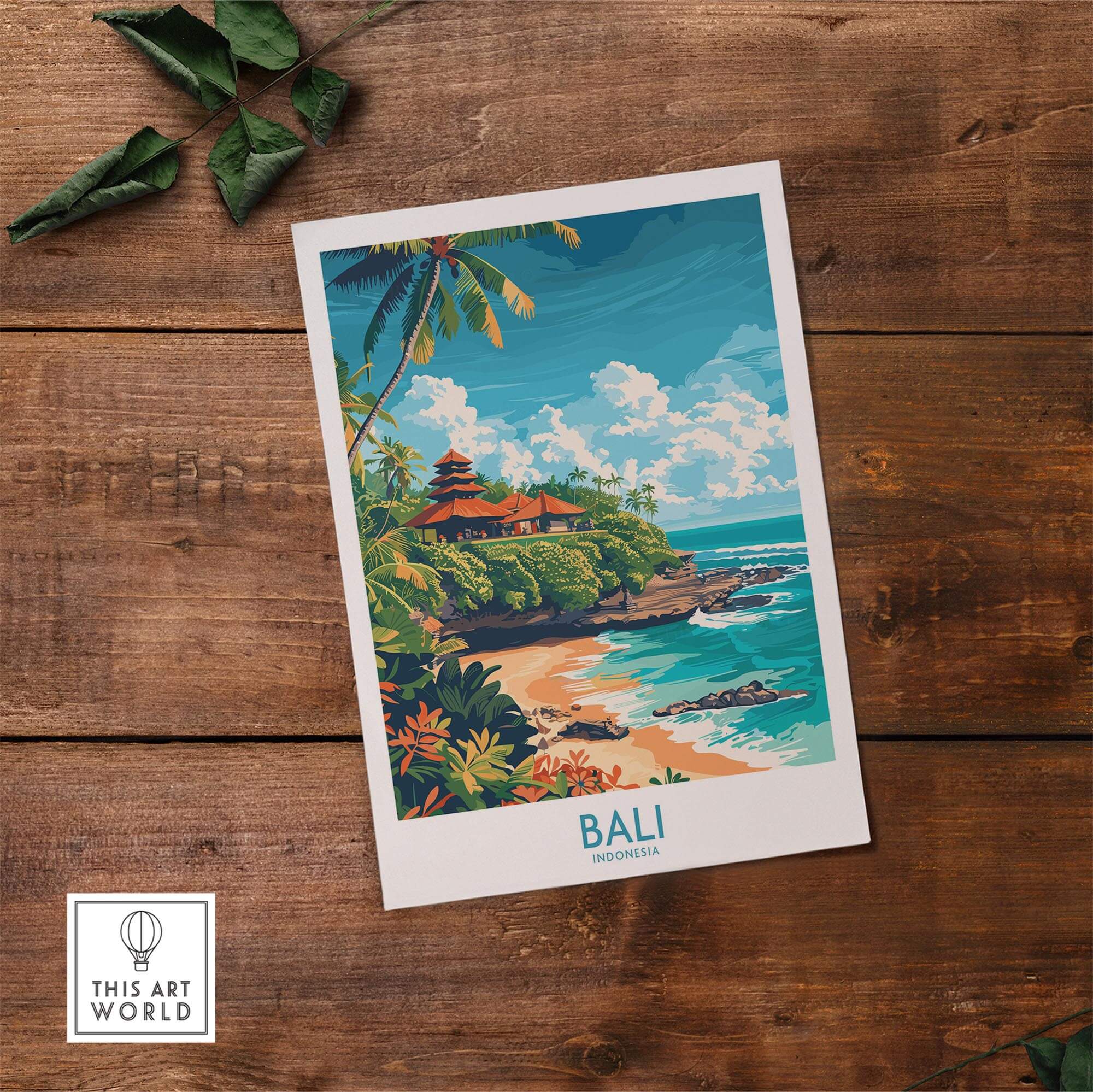 Bali Beach Print - Modern showcasing a tropical paradise with a Balinese temple and vibrant beach scene.