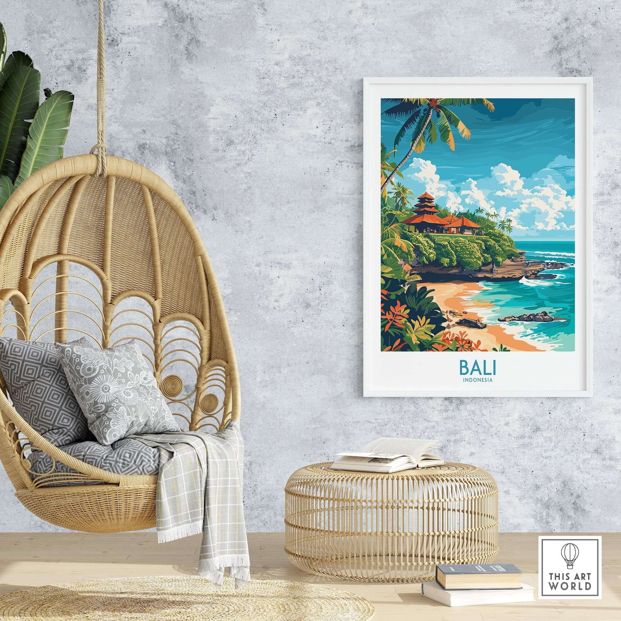 Bali Beach Print - Modern showcasing a vibrant beach scene with a Balinese temple, ideal for tropical decor.