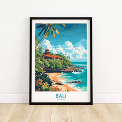 Bali Beach Print - Modern featuring a vibrant beach scene and traditional temple in Bali, Indonesia.