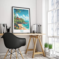 Bali Beach Print - Modern framed on a wall above a stylish desk in a bright room showcasing a serene beach and temple.