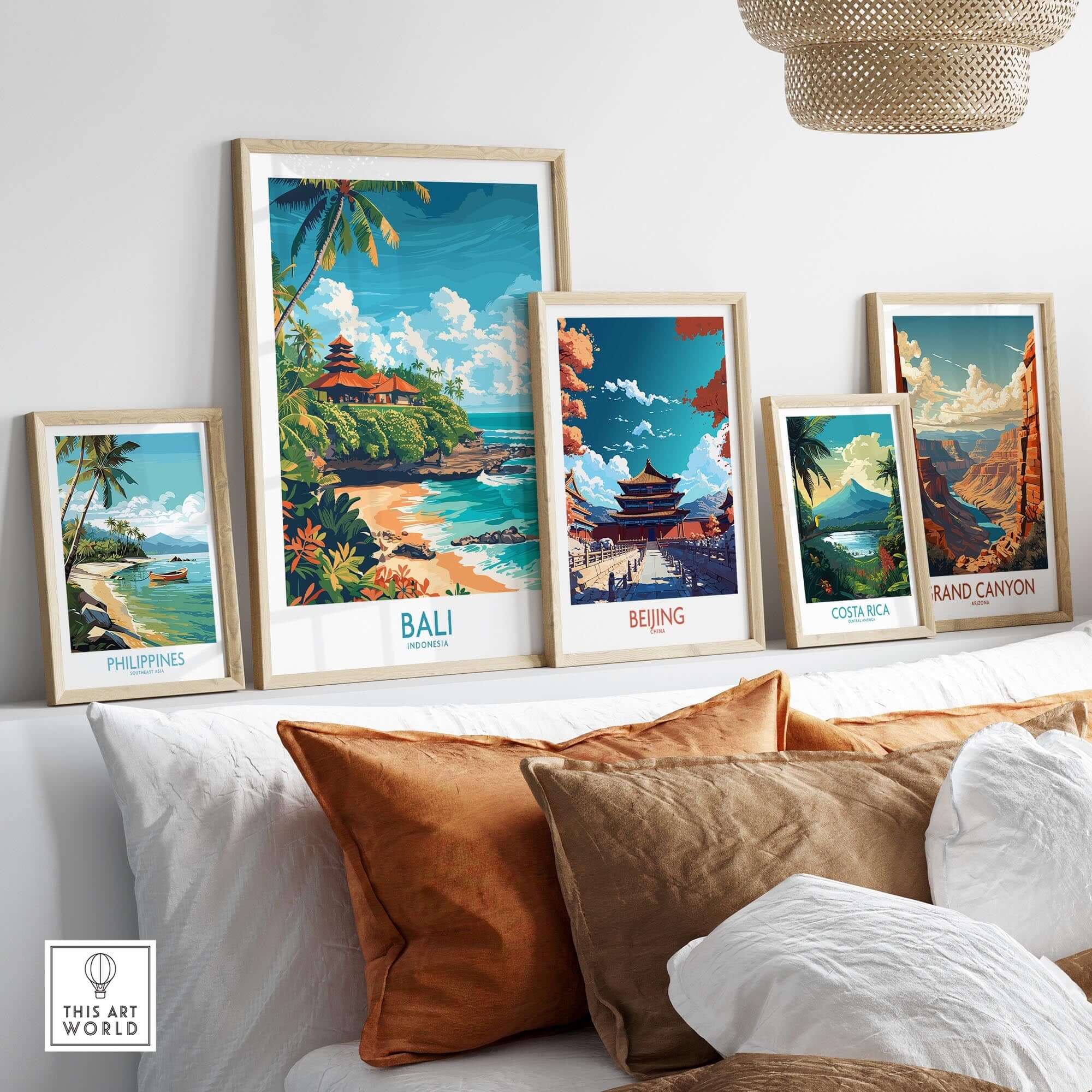 Bali Beach Print - Modern art showcasing a serene beach scene with traditional Balinese temple and tropical paradise.