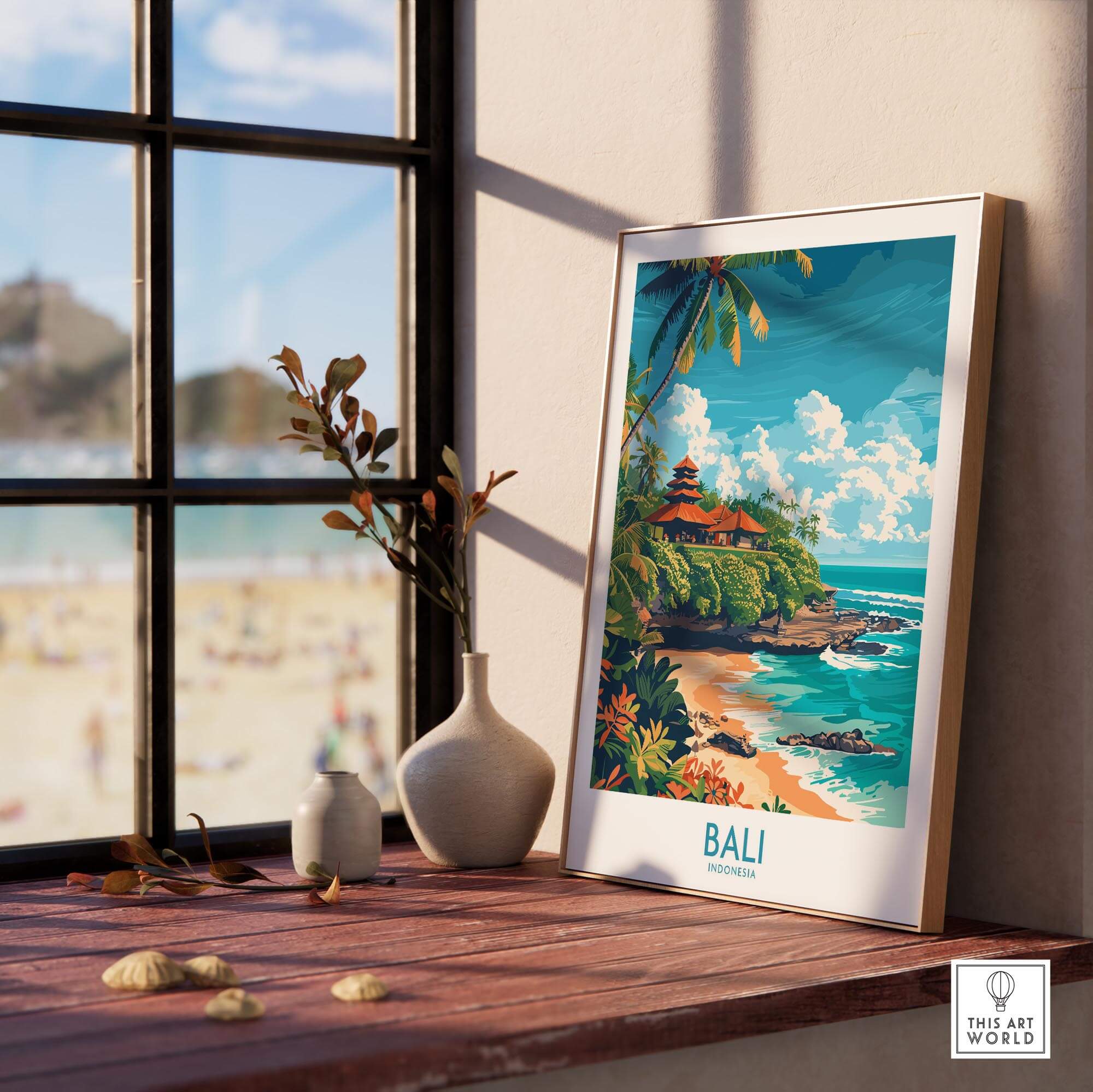 Bali Beach Print - Modern displayed in a sunny interior with a beach view, showcasing vibrant colors and Balinese aesthetics.