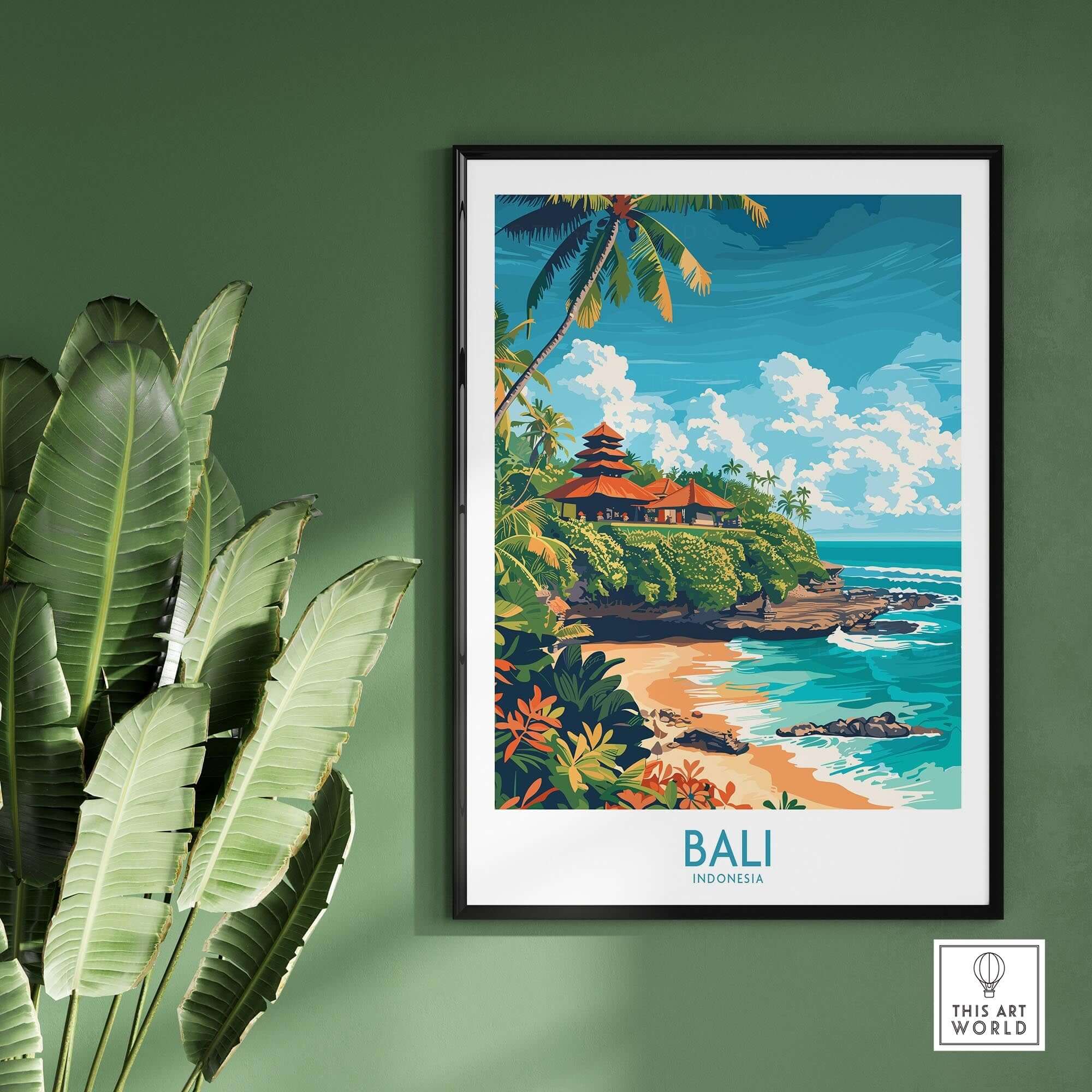 Bali Beach Print - Modern showcasing a vibrant beach scene and traditional temple in Bali, Indonesia.