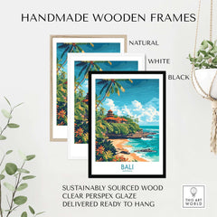 Bali Beach Print - Modern framed in natural, white, and black handmade wooden frames, showcasing a tropical scene.