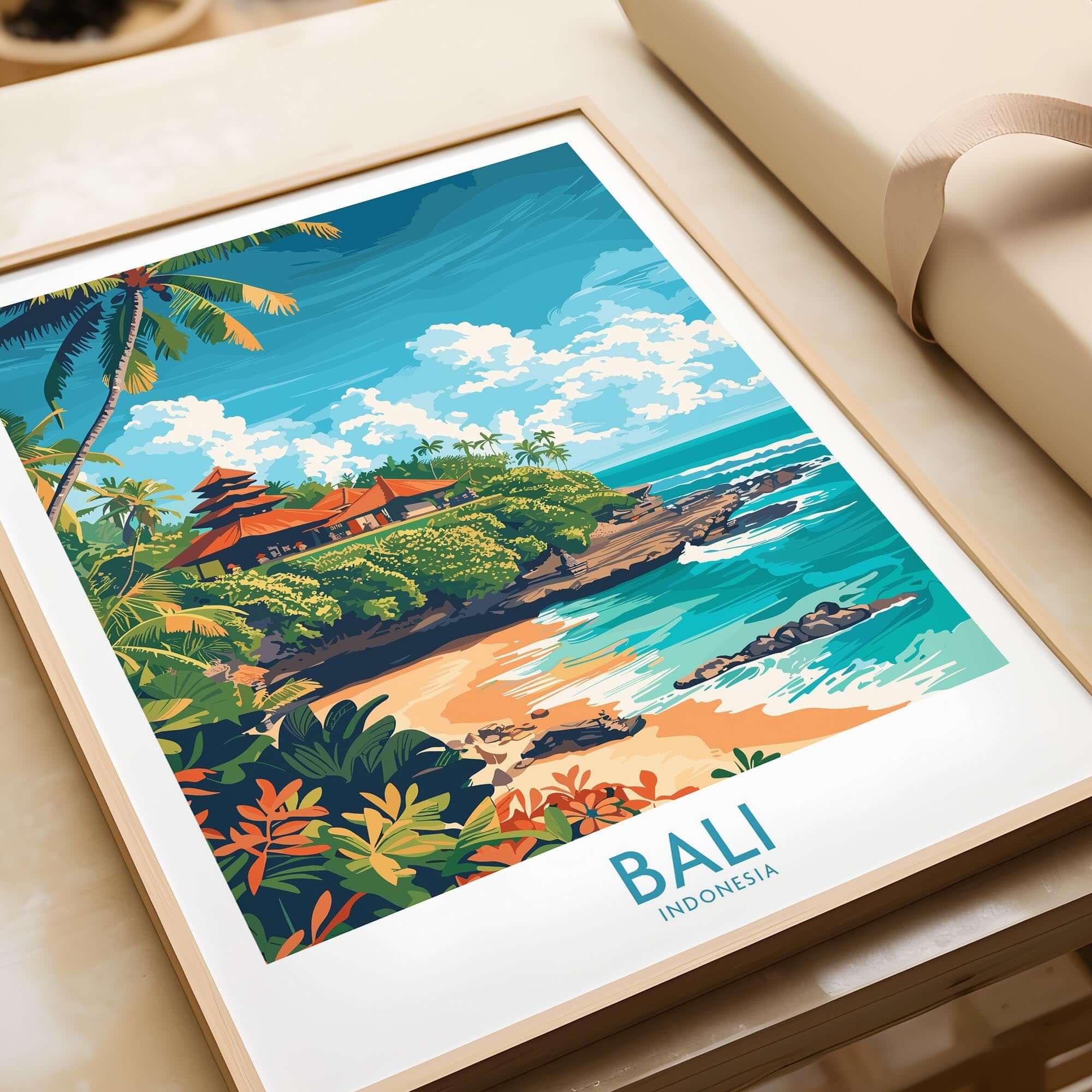 Bali Beach Print - Modern art print showcasing a vibrant beach scene with a Balinese temple and tropical landscape.