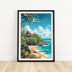 Bali Beach Print showcasing a vibrant coastal scene of Bali, Indonesia with lush greenery and a stunning beach.