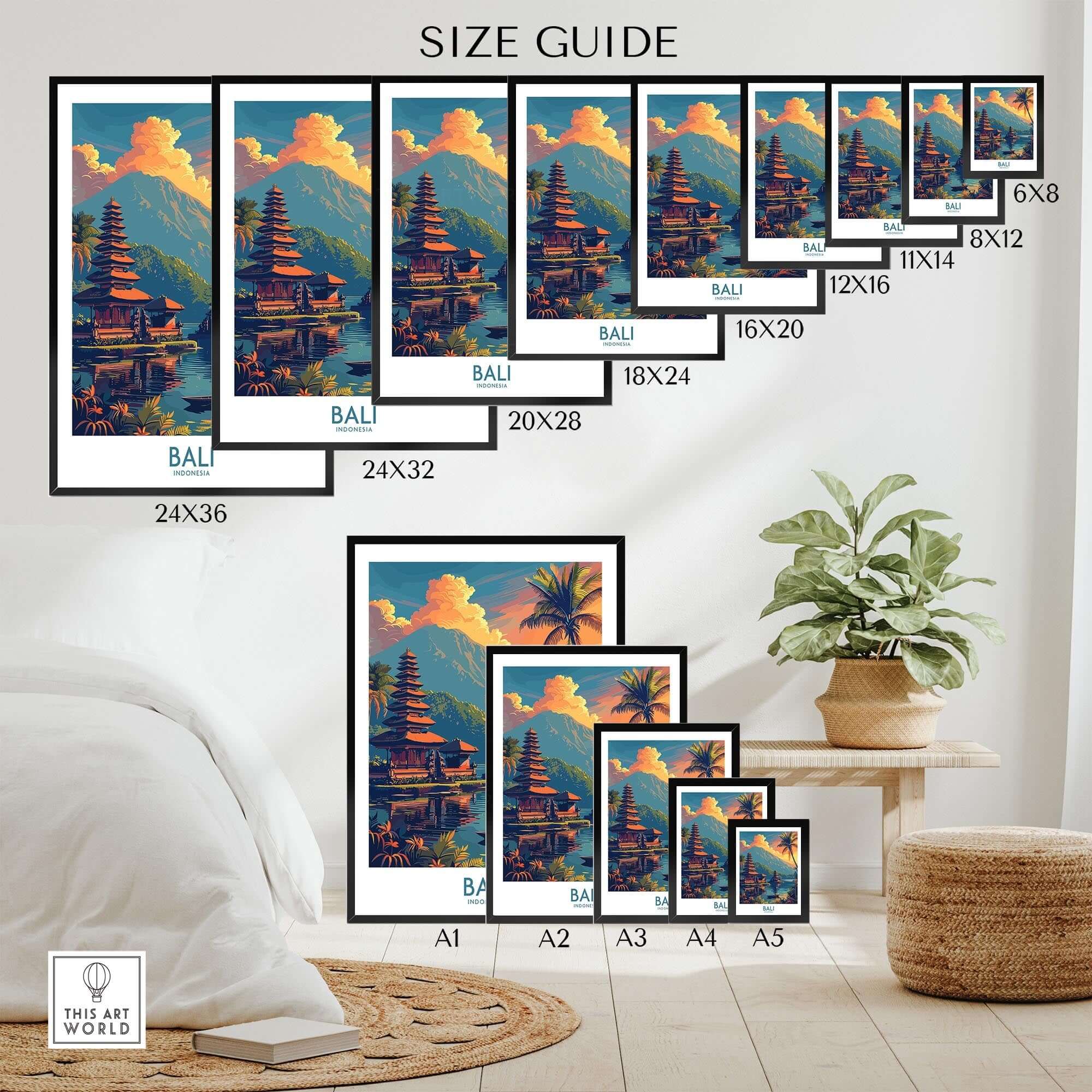 Bali Sunset Wall Art Print Size Guide showcasing various frame sizes and arrangements for home decor.