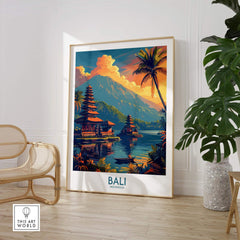 Bali Sunset Wall Art Print showcasing a vibrant scene of Bali with mountains, pagodas, and palm trees.