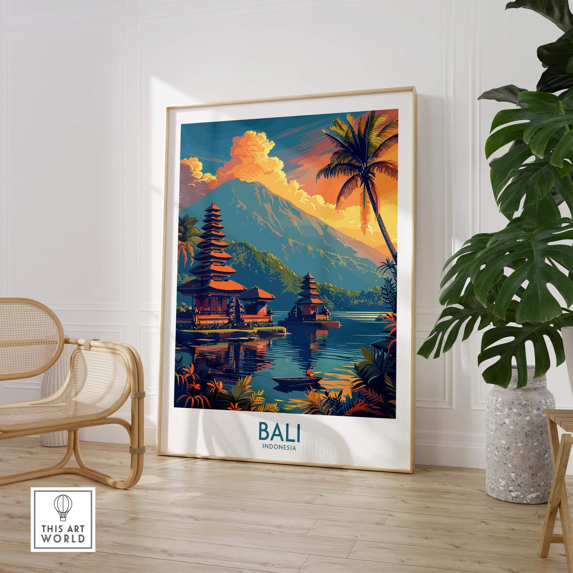 Bali Sunset Wall Art Print showcasing a vibrant scene of Bali with mountains, pagodas, and palm trees.