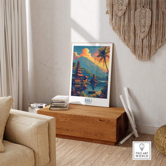 Bali Sunset Wall Art Print displayed in a stylish living room with natural decor, enhancing tranquility.