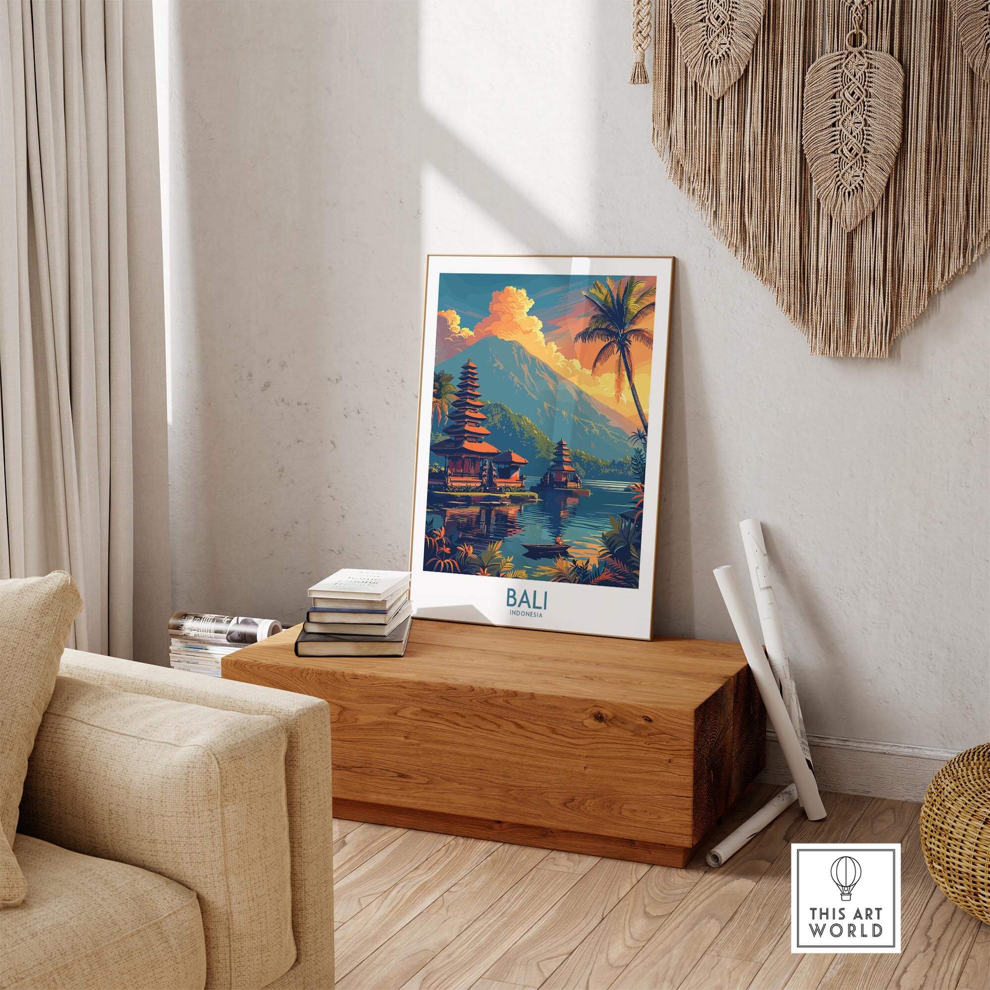 Bali Sunset Wall Art Print displayed in a stylish living room with natural decor, enhancing tranquility.