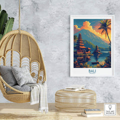 Bali Sunset Wall Art Print showcasing Bali scenery with vibrant colors and peaceful ambiance in a stylish interior.