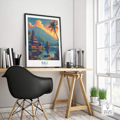Bali Sunset Wall Art Print displayed in a stylish room, showcasing vibrant colors and a tranquil scene.