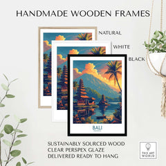 Bali Sunset Wall Art Print in handmade wooden frames, available in natural, white, and black options.